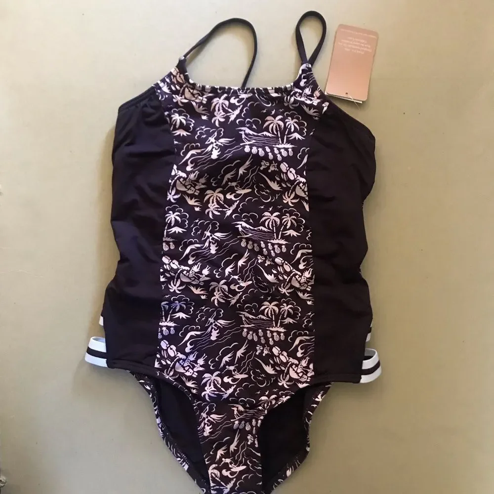 NWT Hobie Purple Girls One-Piece Swimsuit Tropical Palm Tree Print Kids Size 12